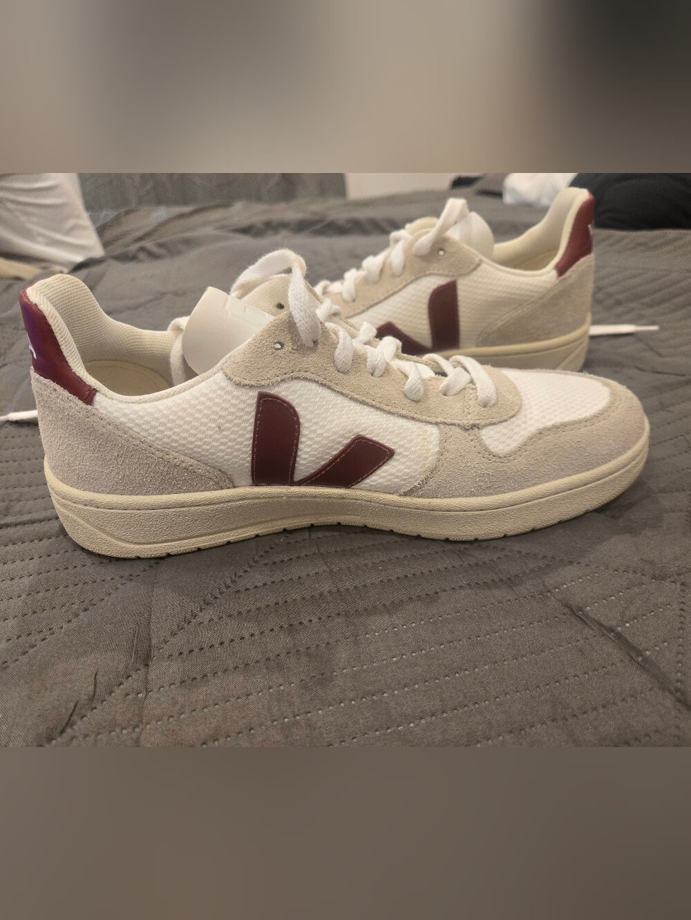 Veja Women's White and Burgundy V-Logo Sneakers